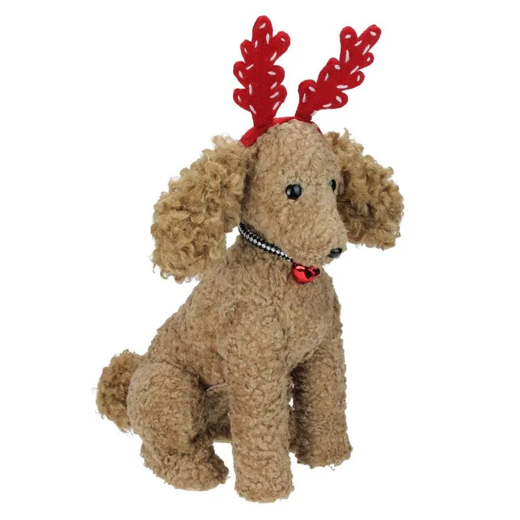 14.5" Plush Tan Bichon Frise Puppy Dog with Red Antlers Christmas Decoration