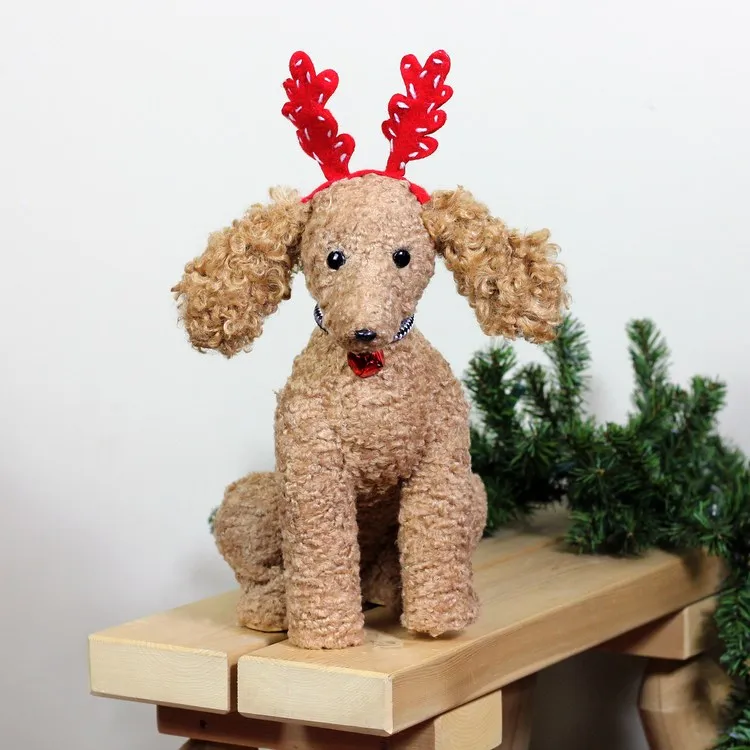 14.5" Plush Tan Bichon Frise Puppy Dog with Red Antlers Christmas Decoration