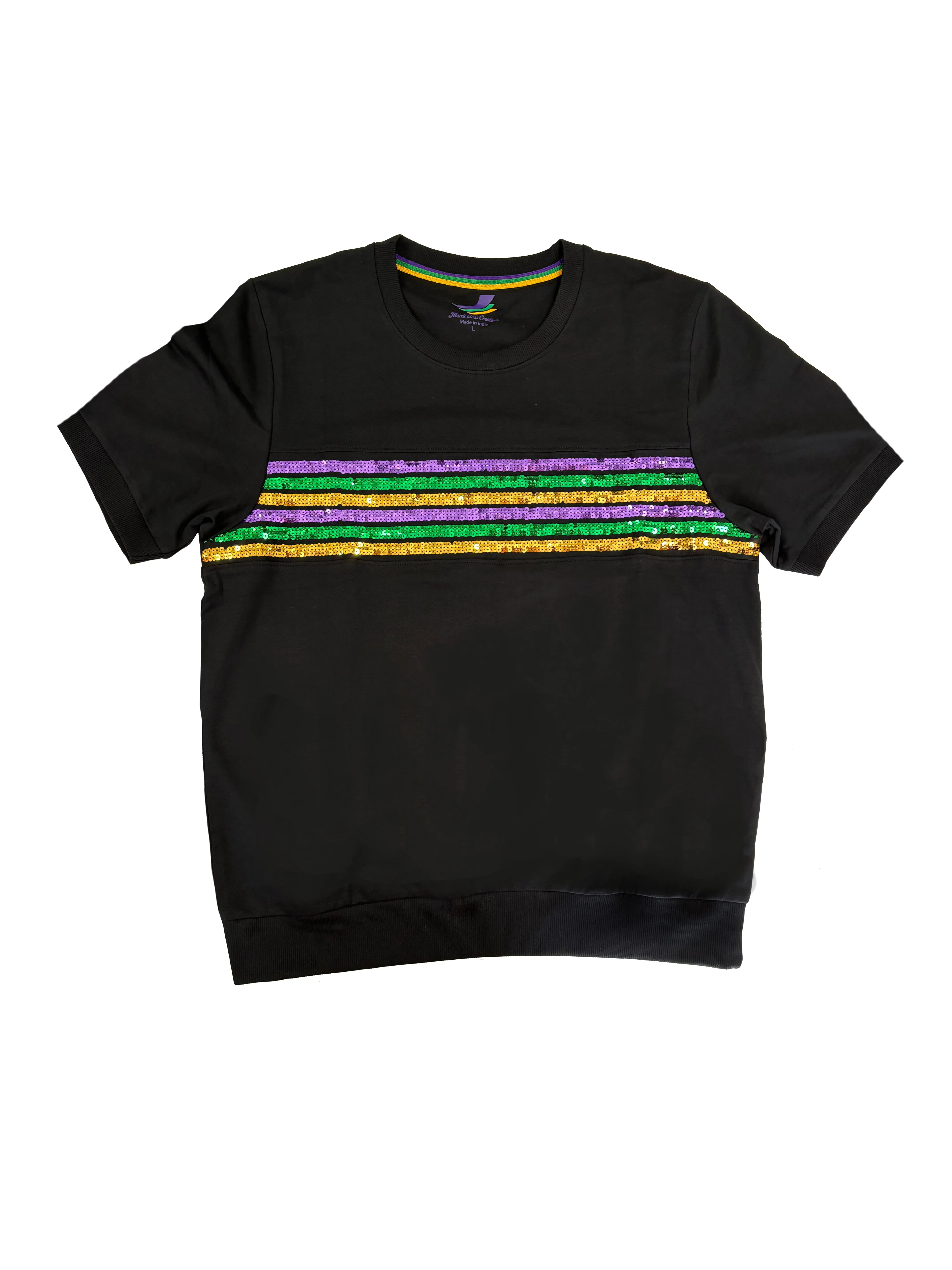 Adult Sequin Stripe French Terry Short Sleeve Shirt - Black