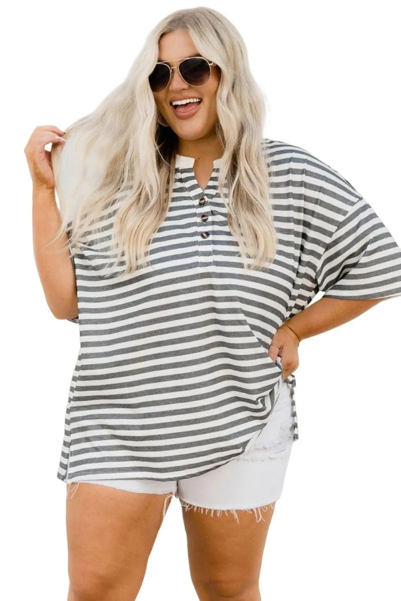 Black Henley Striped Casual Plus Size Shirt