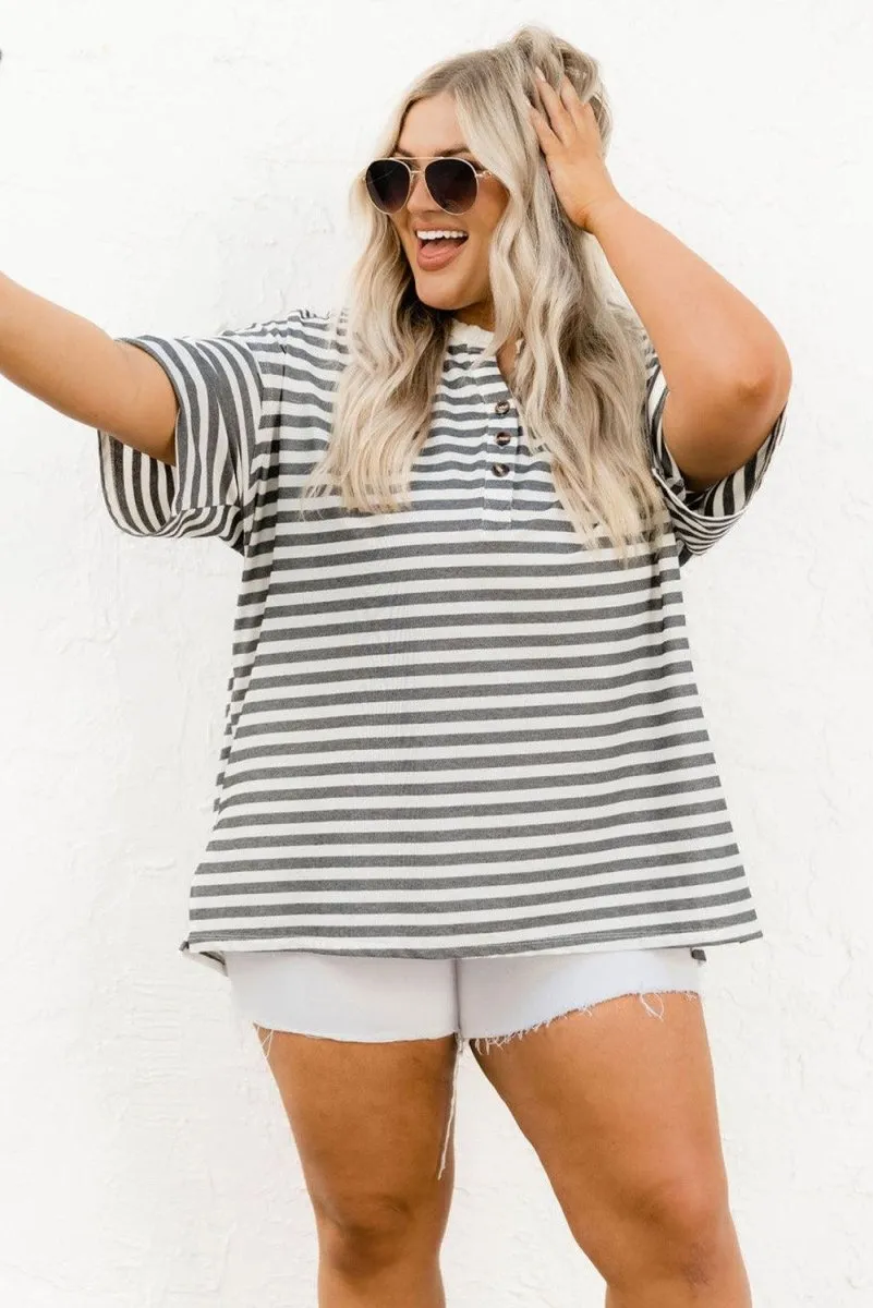 Black Henley Striped Casual Plus Size Shirt