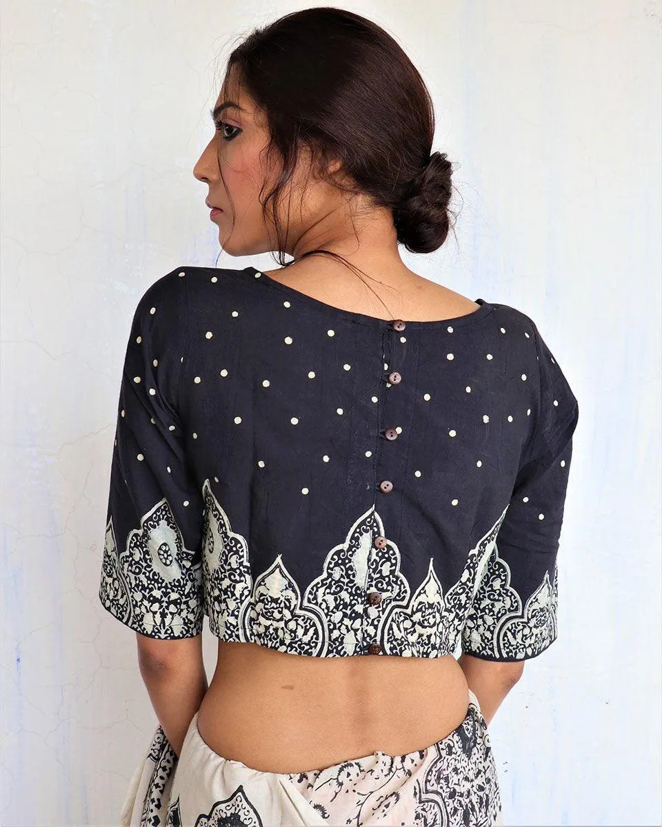 Black Minari Handprinted Crop Top Cotton Blouse - God