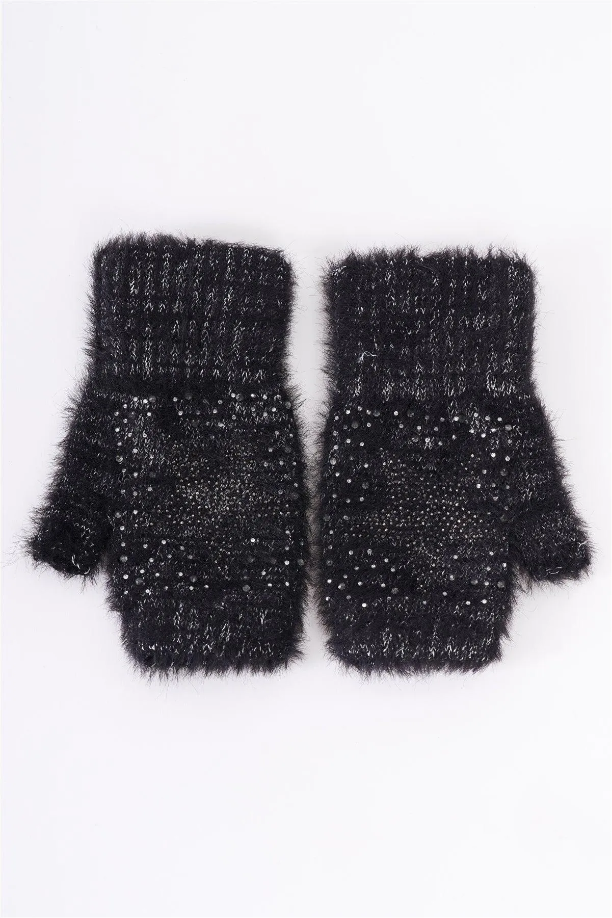 Black Silver Threading Rhinestone Star Embroidery Furry Fingerless Winter Gloves /3 Pieces
