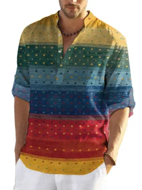 Casual Shirt Vintage Multicolor Print Button Down Long Sleeve Henley Shirt