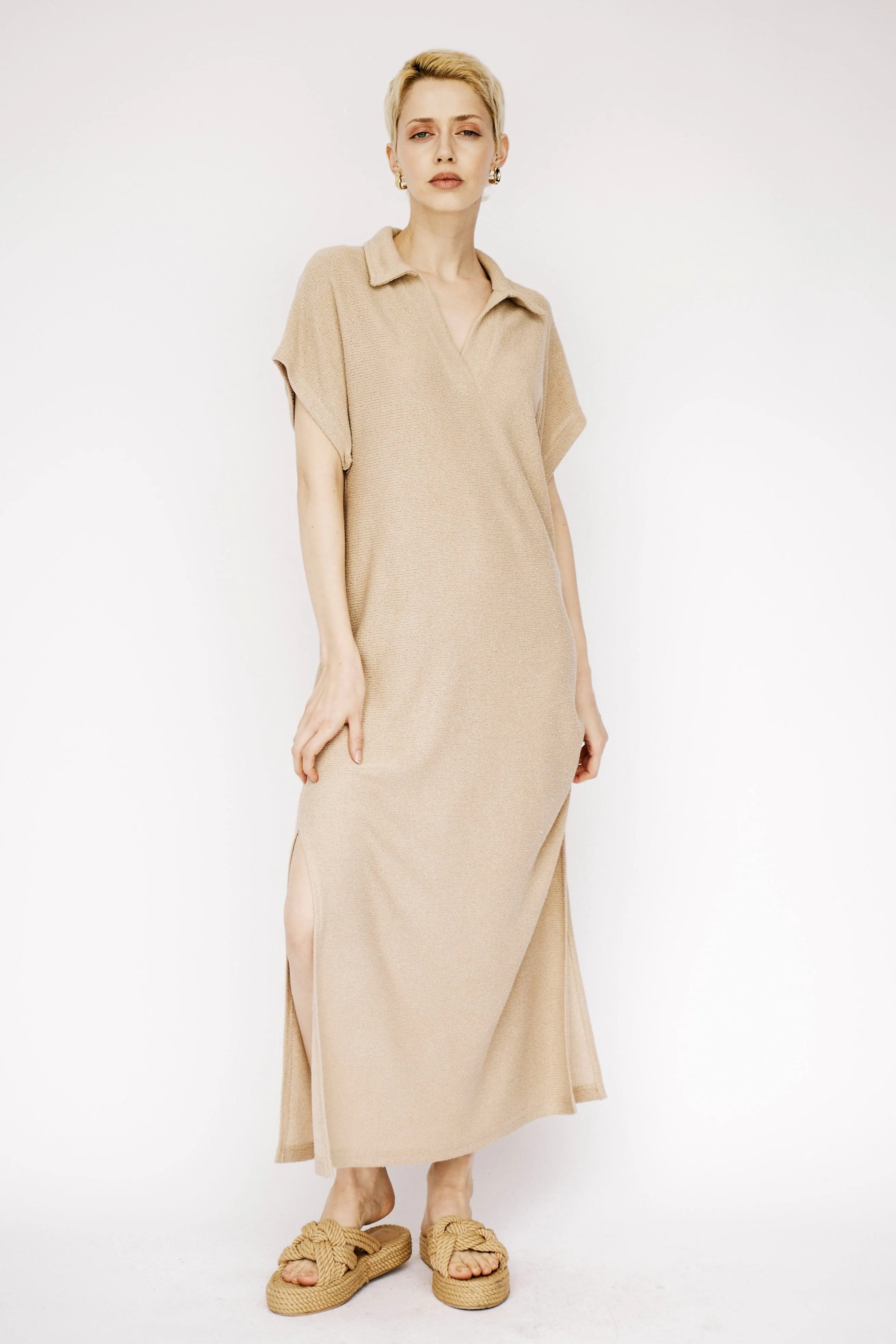 Collared Maxi Knit Dress in Natural