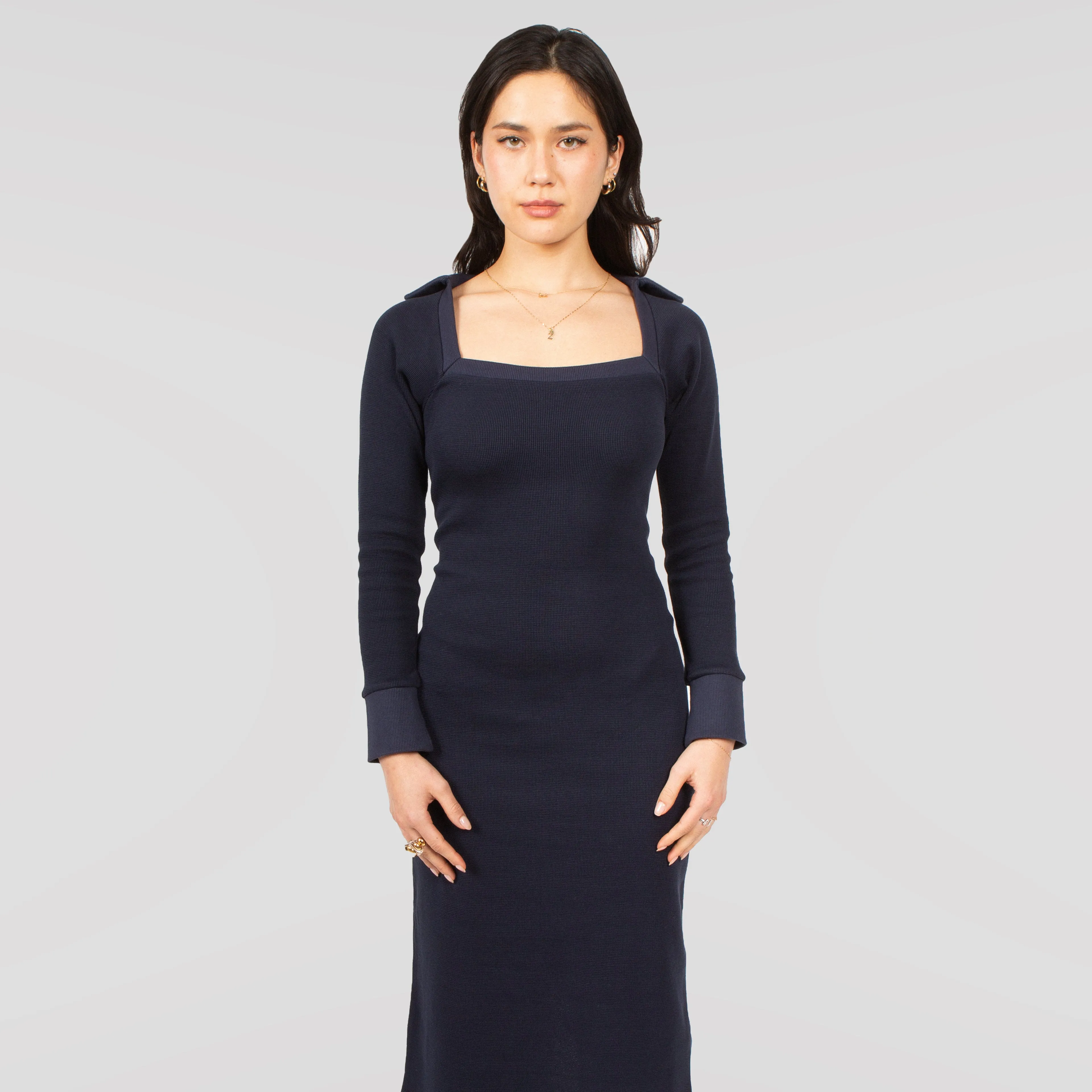 Cotton Knit Midi Dress In Navy