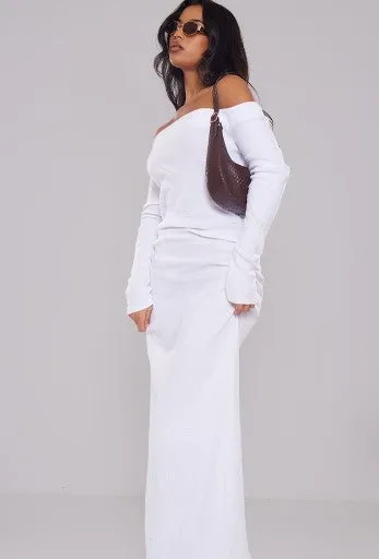 Cream Heavy Brushed Rib Ruched Bardot Dress