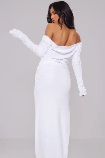 Cream Heavy Brushed Rib Ruched Bardot Dress