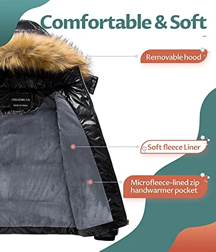 CREATMO US Girl's Kids Metallic Shiny Jacket with Detachable Fur Collar Warmth Winter Outerwear