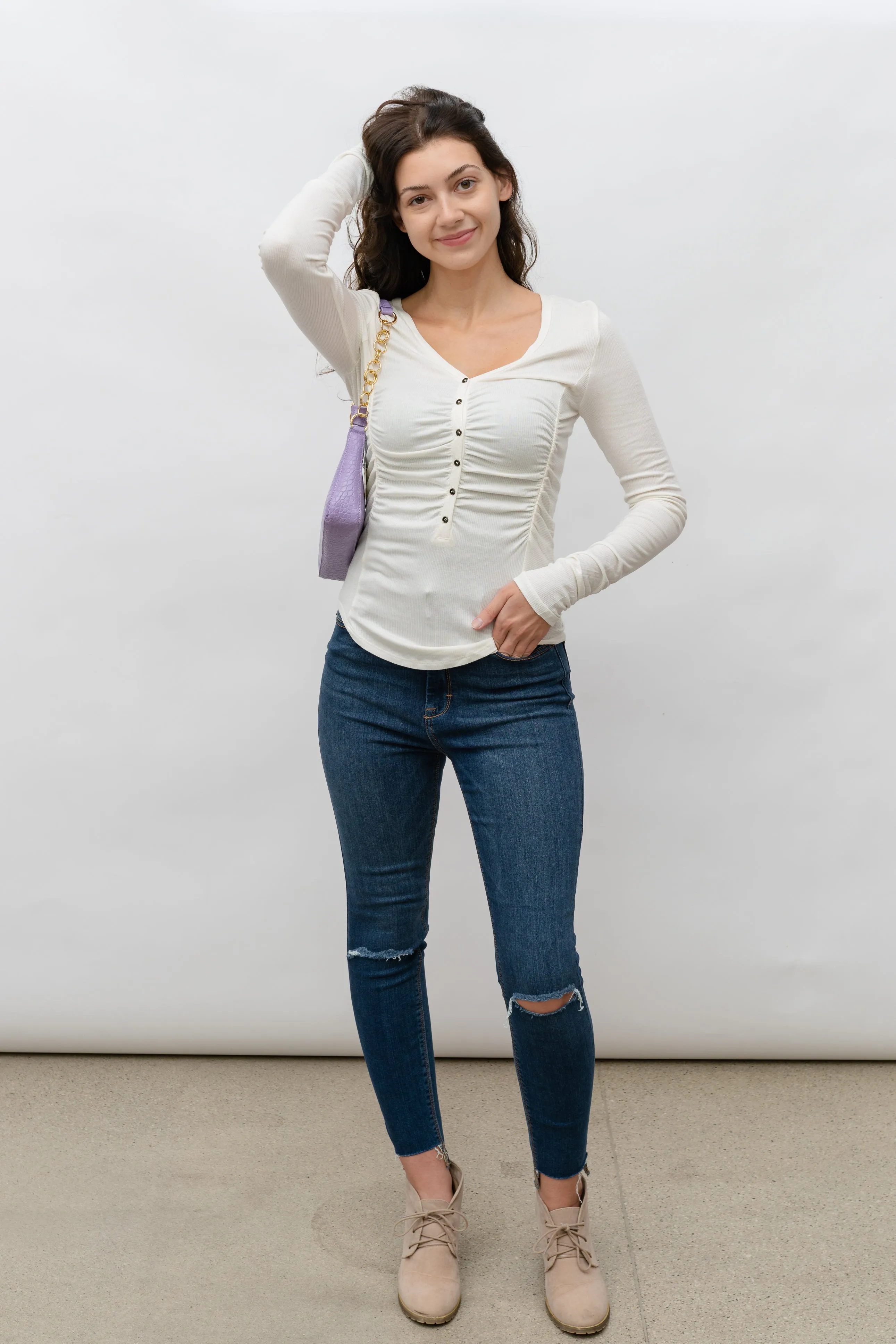GILLIAN RUCHED V -NECK RIB LONGSLEEVE