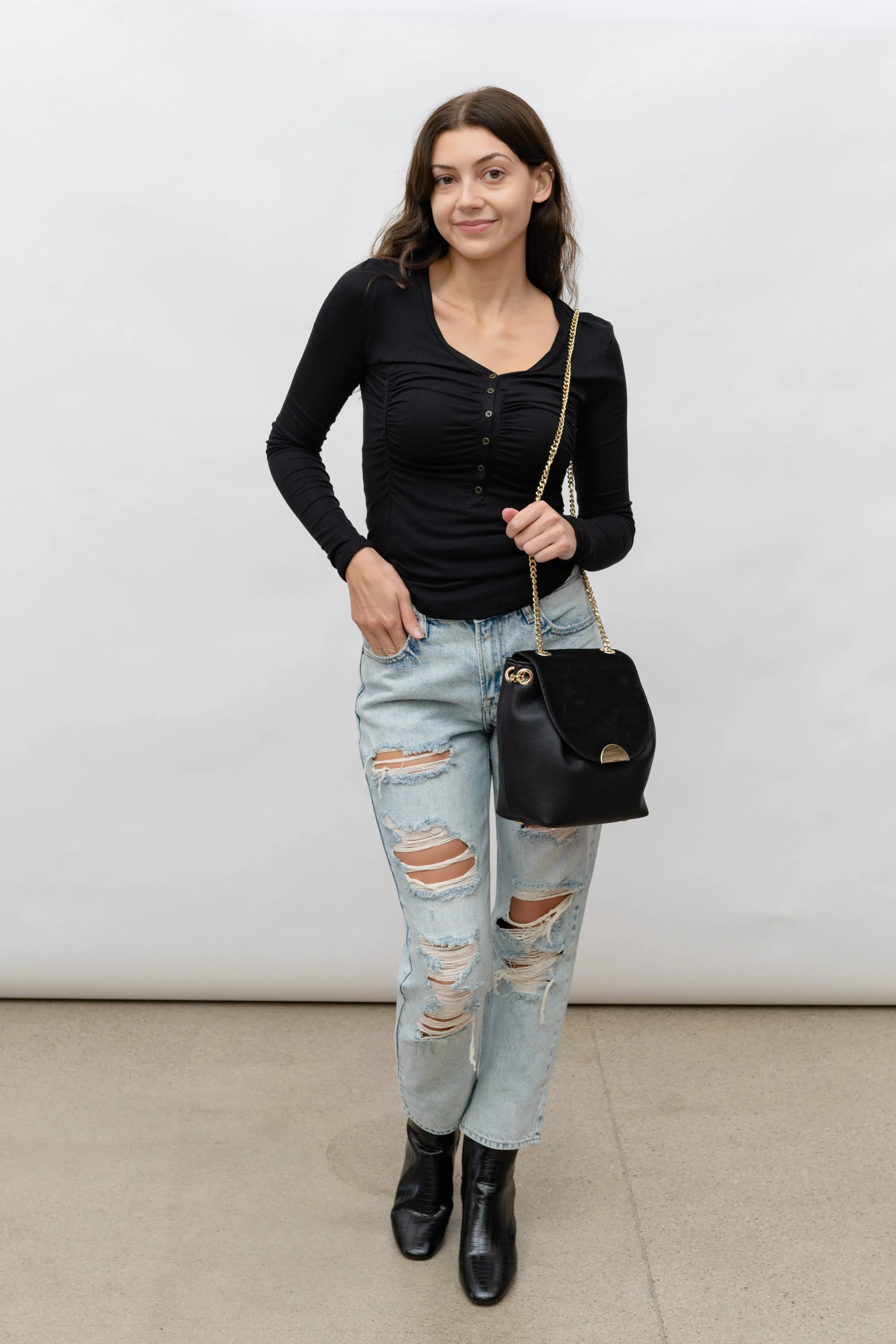 GILLIAN RUCHED V -NECK RIB LONGSLEEVE