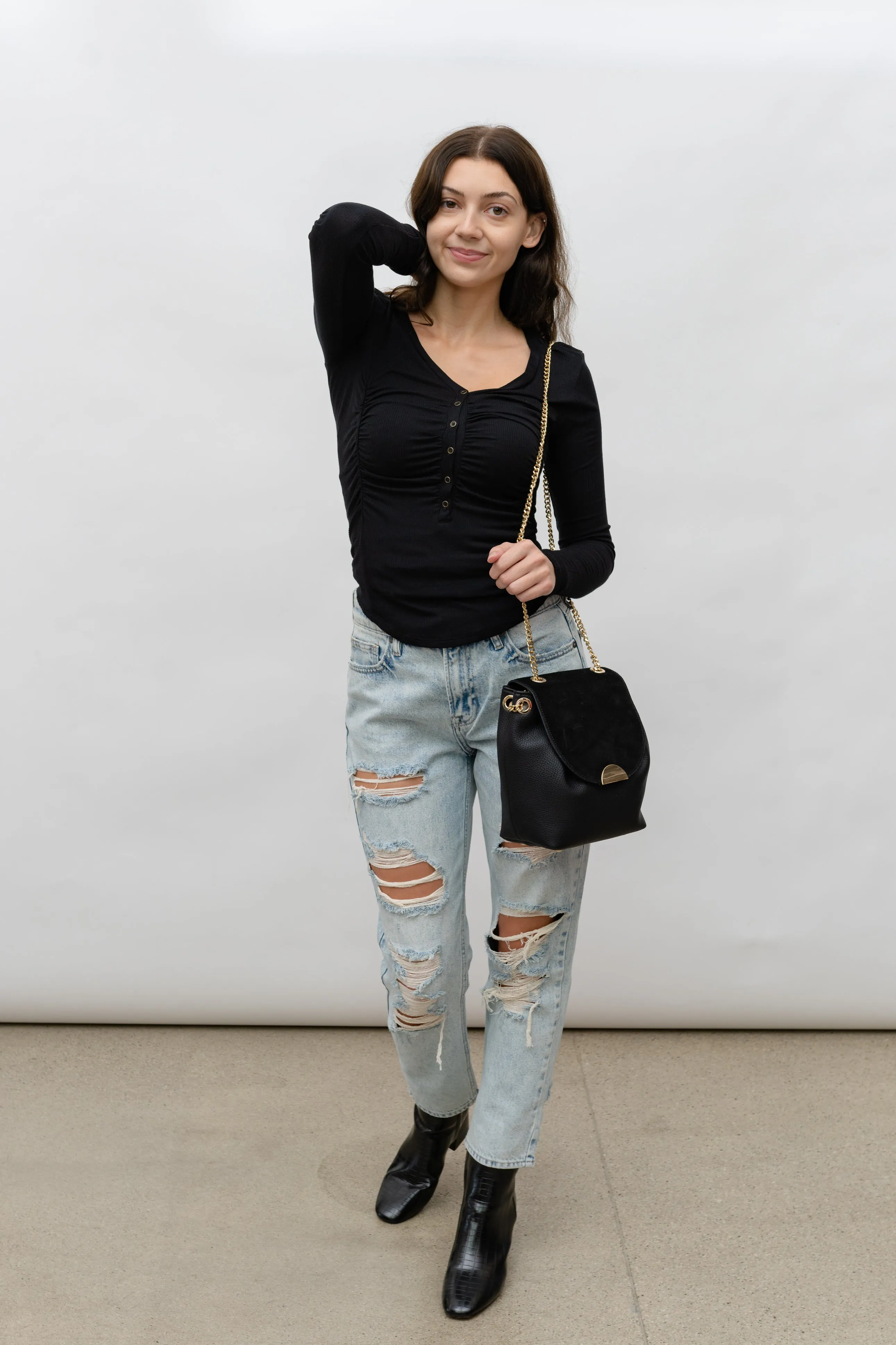 GILLIAN RUCHED V -NECK RIB LONGSLEEVE