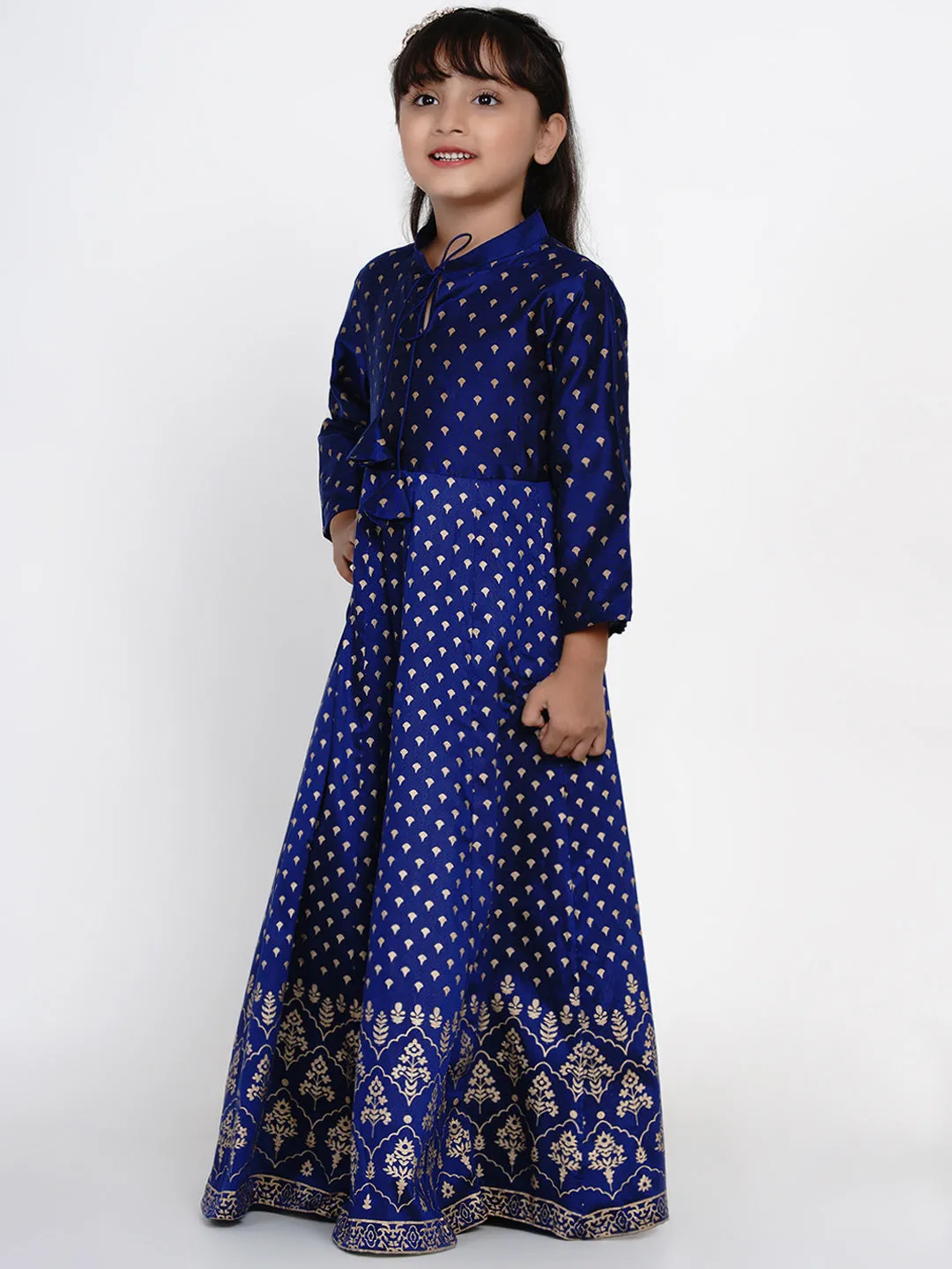 Girls Blue Printed Ethnic Maxi Dress