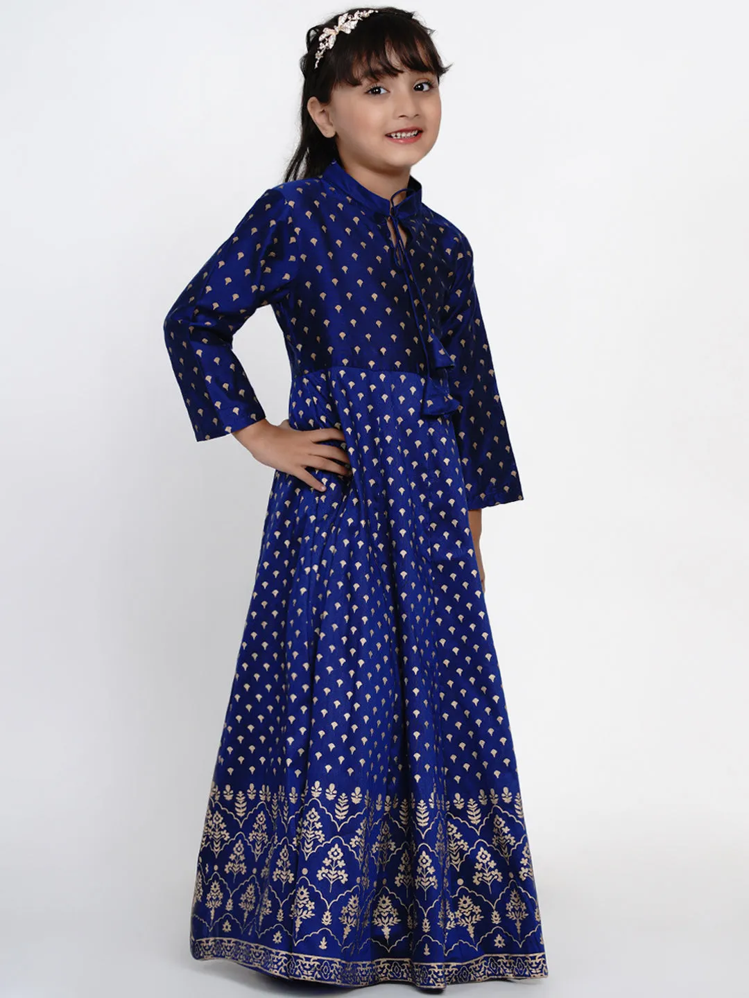 Girls Blue Printed Ethnic Maxi Dress