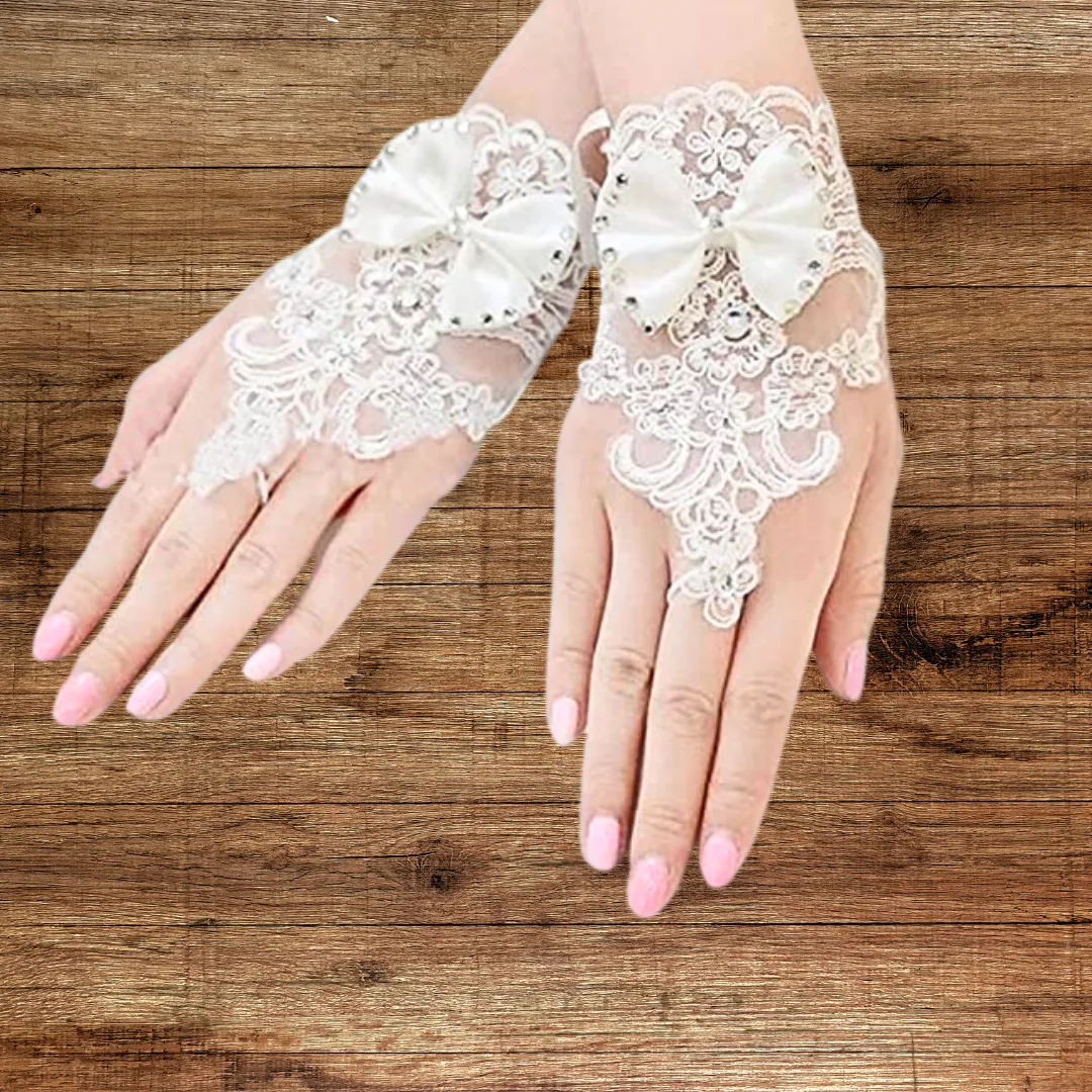 GownLink's Luxurious Enchantment Bridal Gloves with a Bow and Stones of Love G22