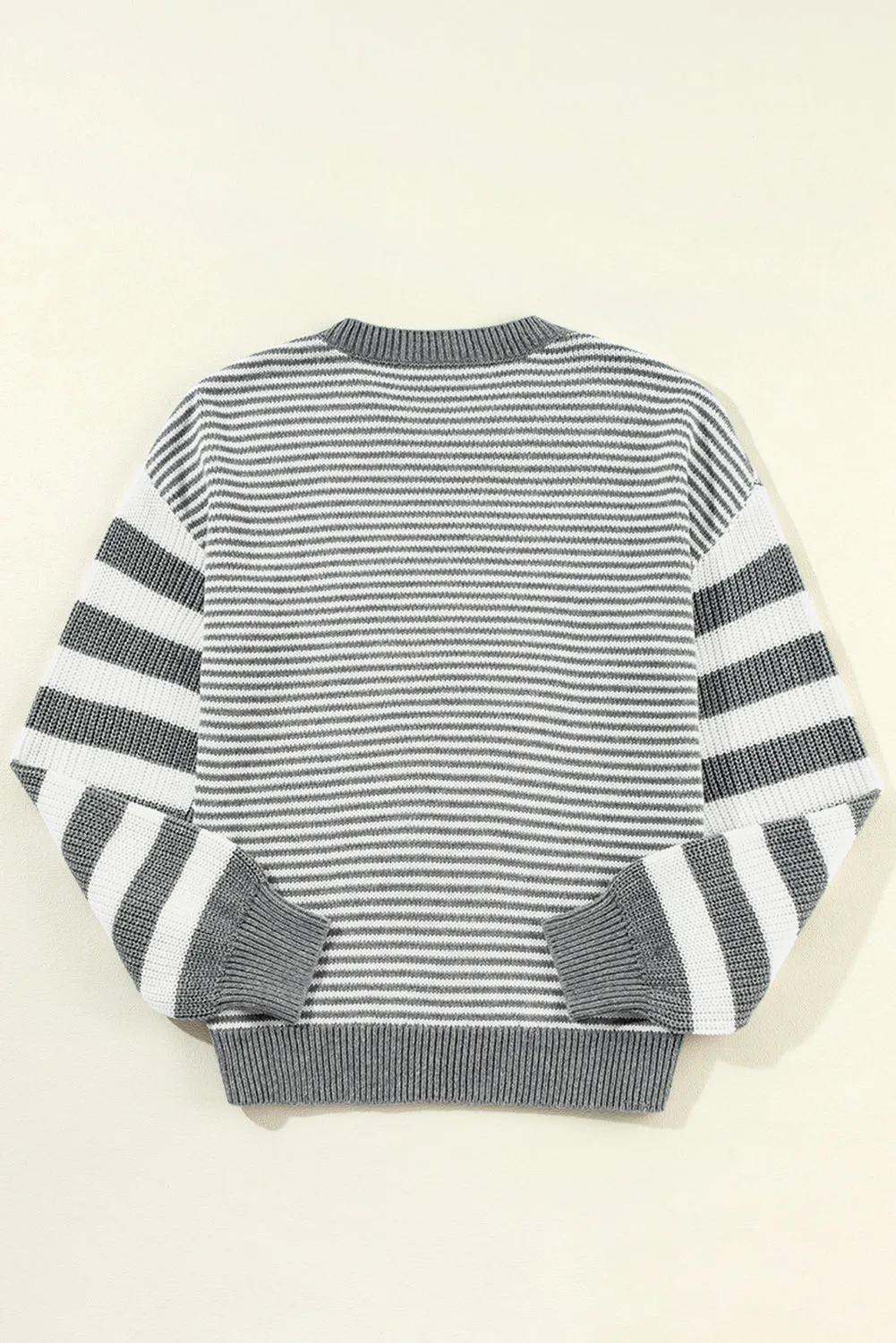 Gray Stripe Twisted Knitted Drop Shoulder Sweater