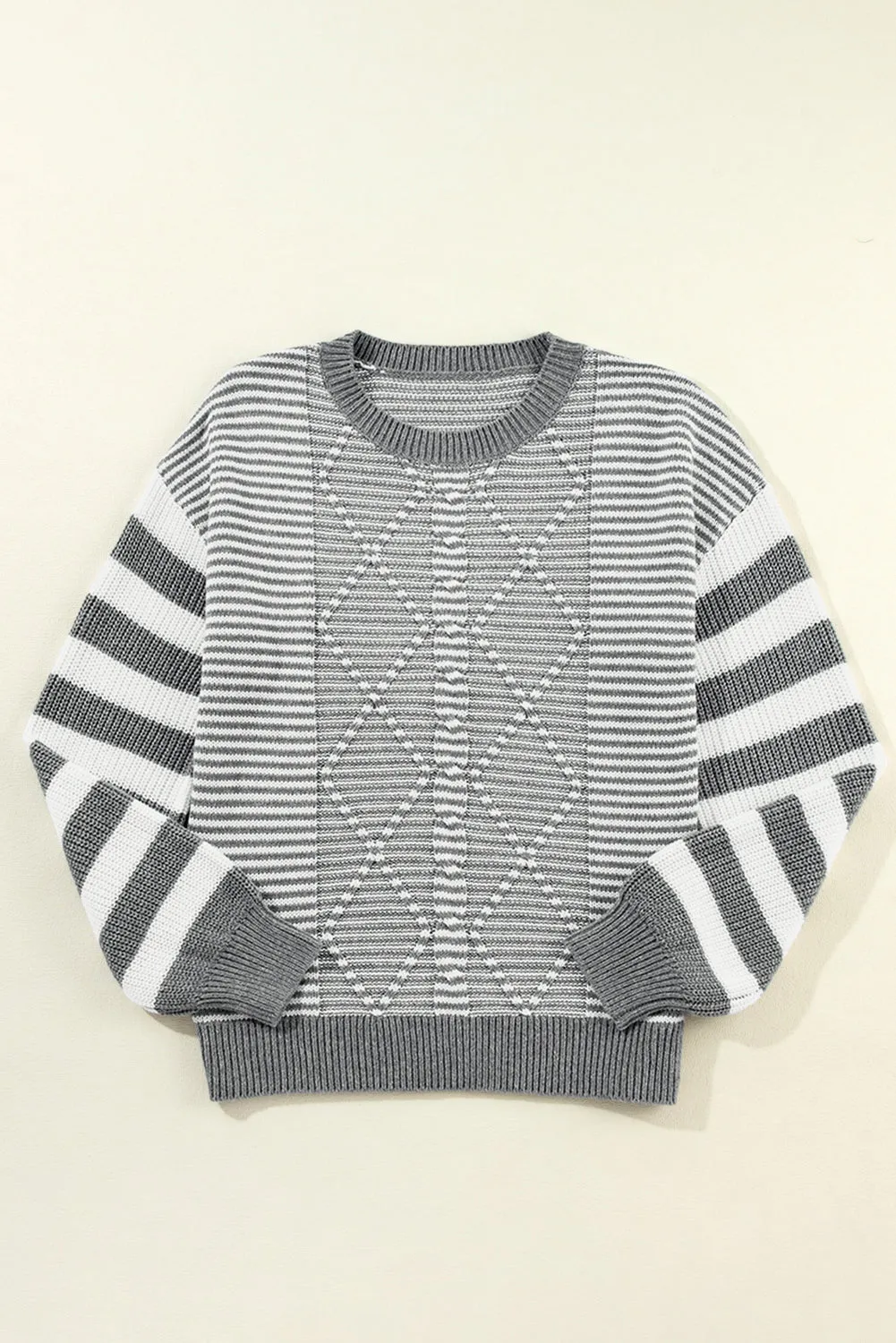 Gray Stripe Twisted Knitted Drop Shoulder Sweater