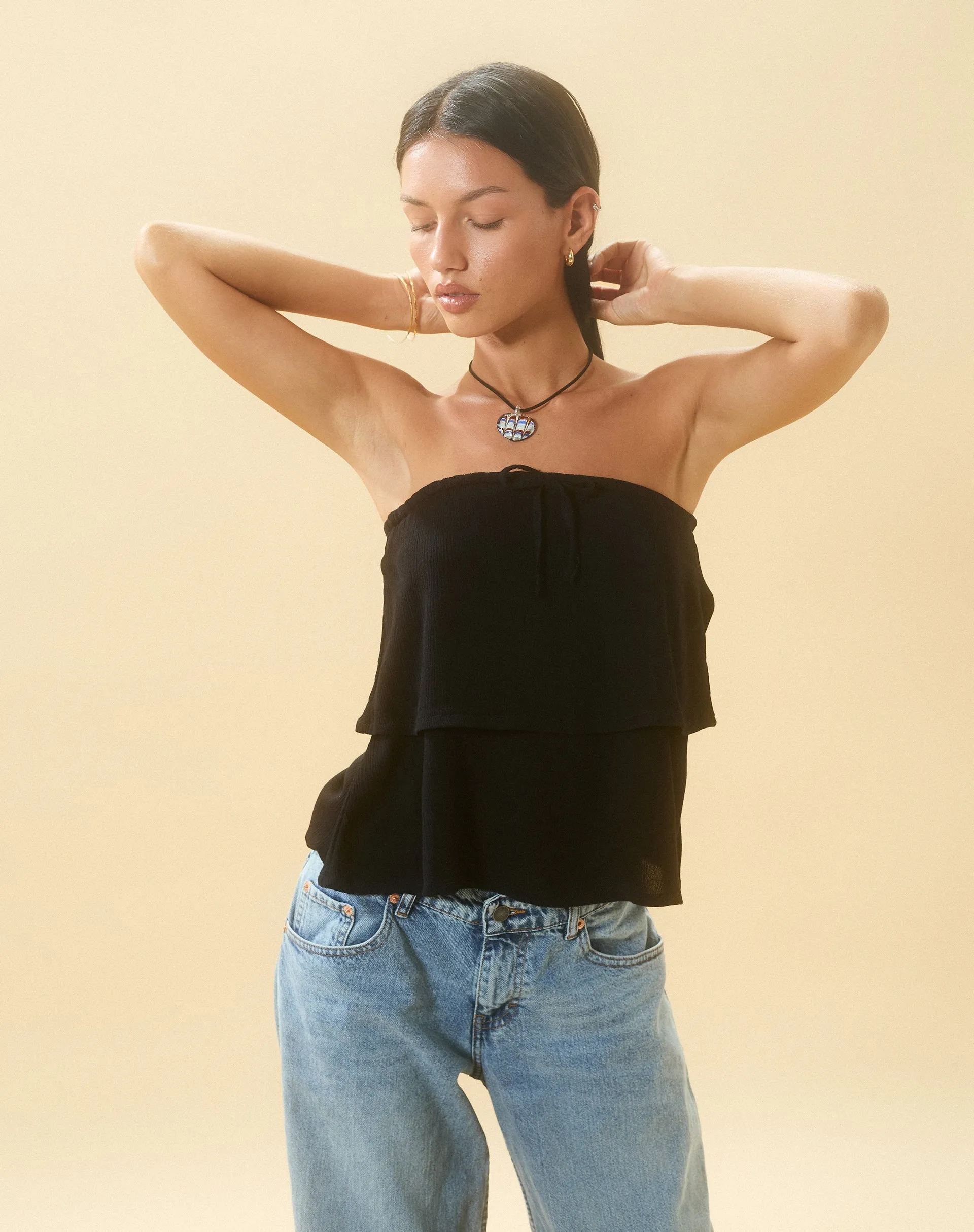 Jimin Layered Bandeau Top in Crinkle Black