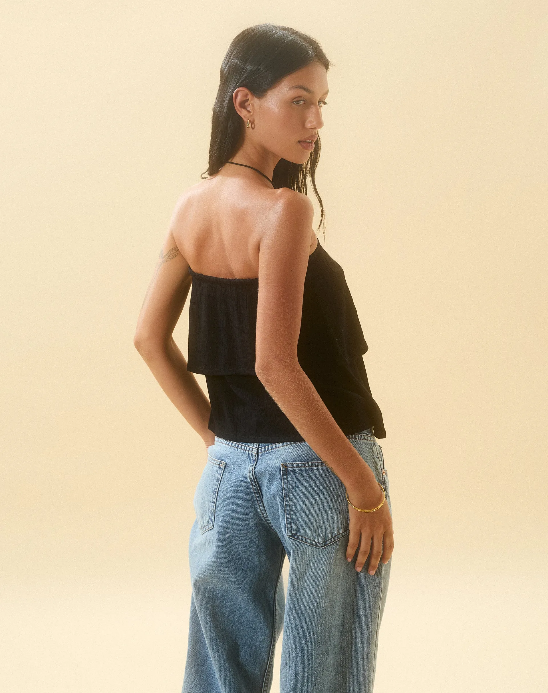 Jimin Layered Bandeau Top in Crinkle Black