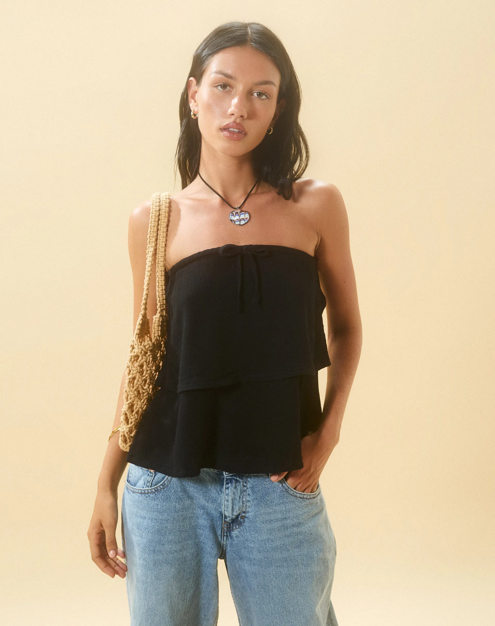 Jimin Layered Bandeau Top in Crinkle Black