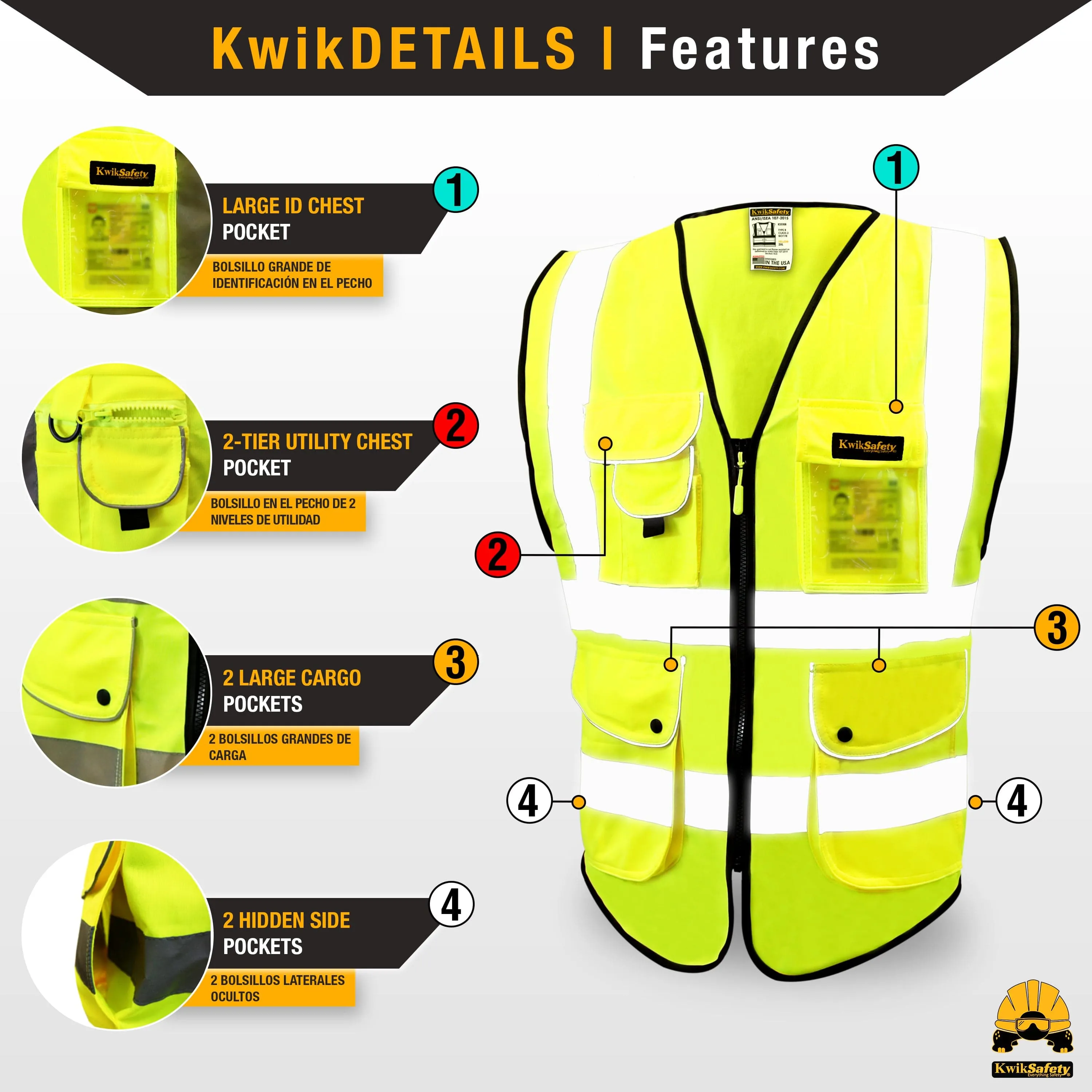 KwikSafety SUPERIOR Safety Vest (9 Pockets) Class 2 ANSI Tested OSHA Compliant Hi Vis Reflective PPE Surveyor - Model No.: KS3308