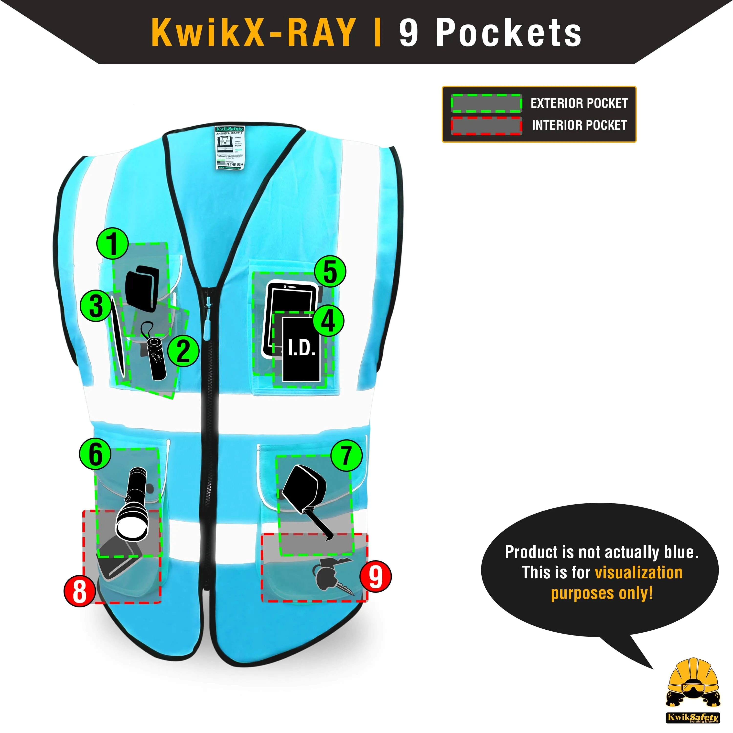 KwikSafety SUPERIOR Safety Vest (9 Pockets) Class 2 ANSI Tested OSHA Compliant Hi Vis Reflective PPE Surveyor - Model No.: KS3308