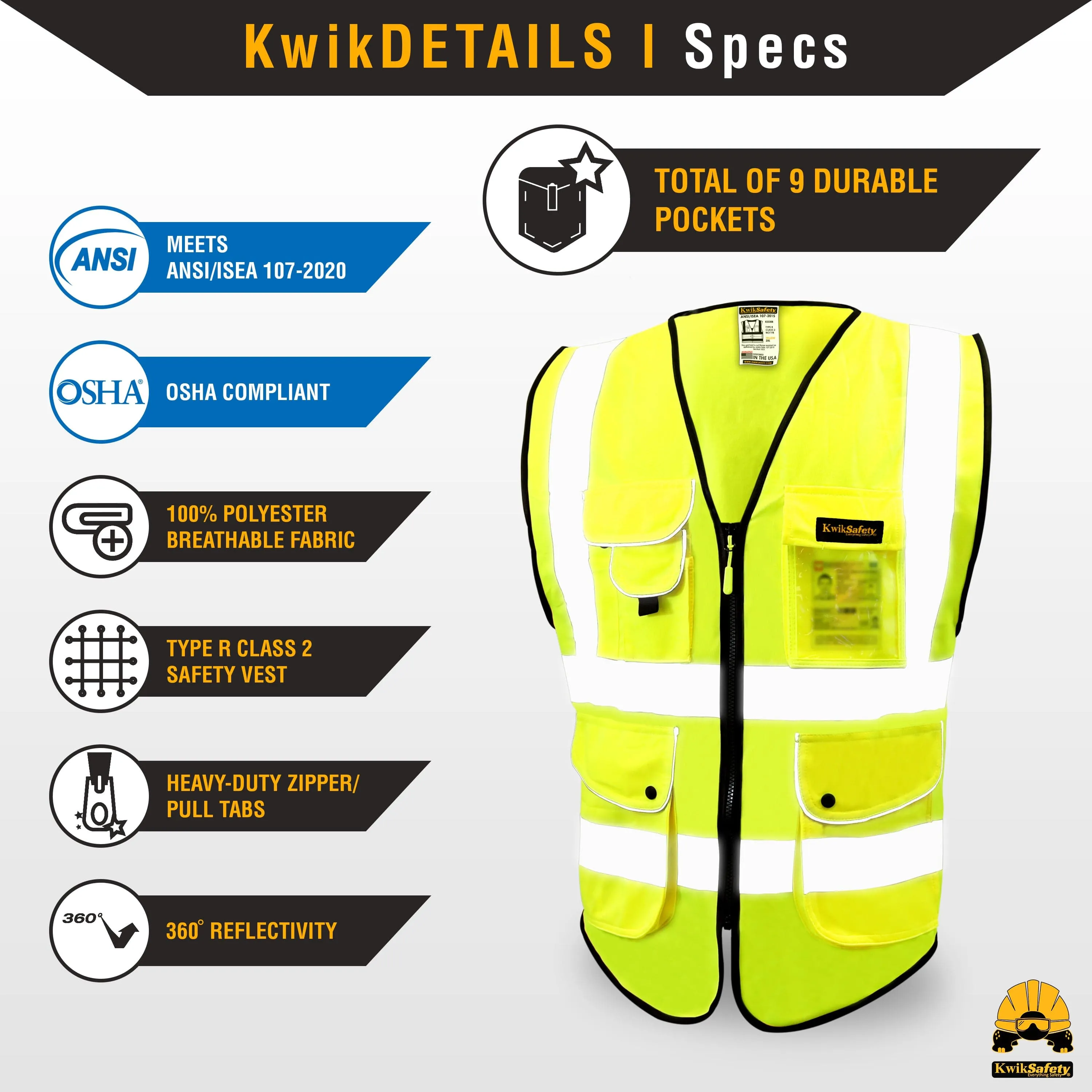 KwikSafety SUPERIOR Safety Vest (9 Pockets) Class 2 ANSI Tested OSHA Compliant Hi Vis Reflective PPE Surveyor - Model No.: KS3308