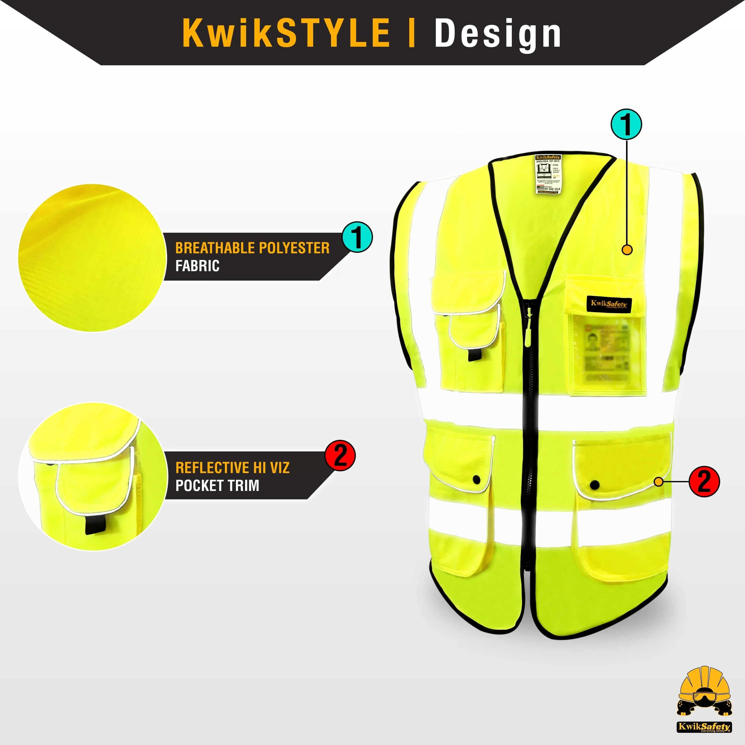 KwikSafety SUPERIOR Safety Vest (9 Pockets) Class 2 ANSI Tested OSHA Compliant Hi Vis Reflective PPE Surveyor - Model No.: KS3308