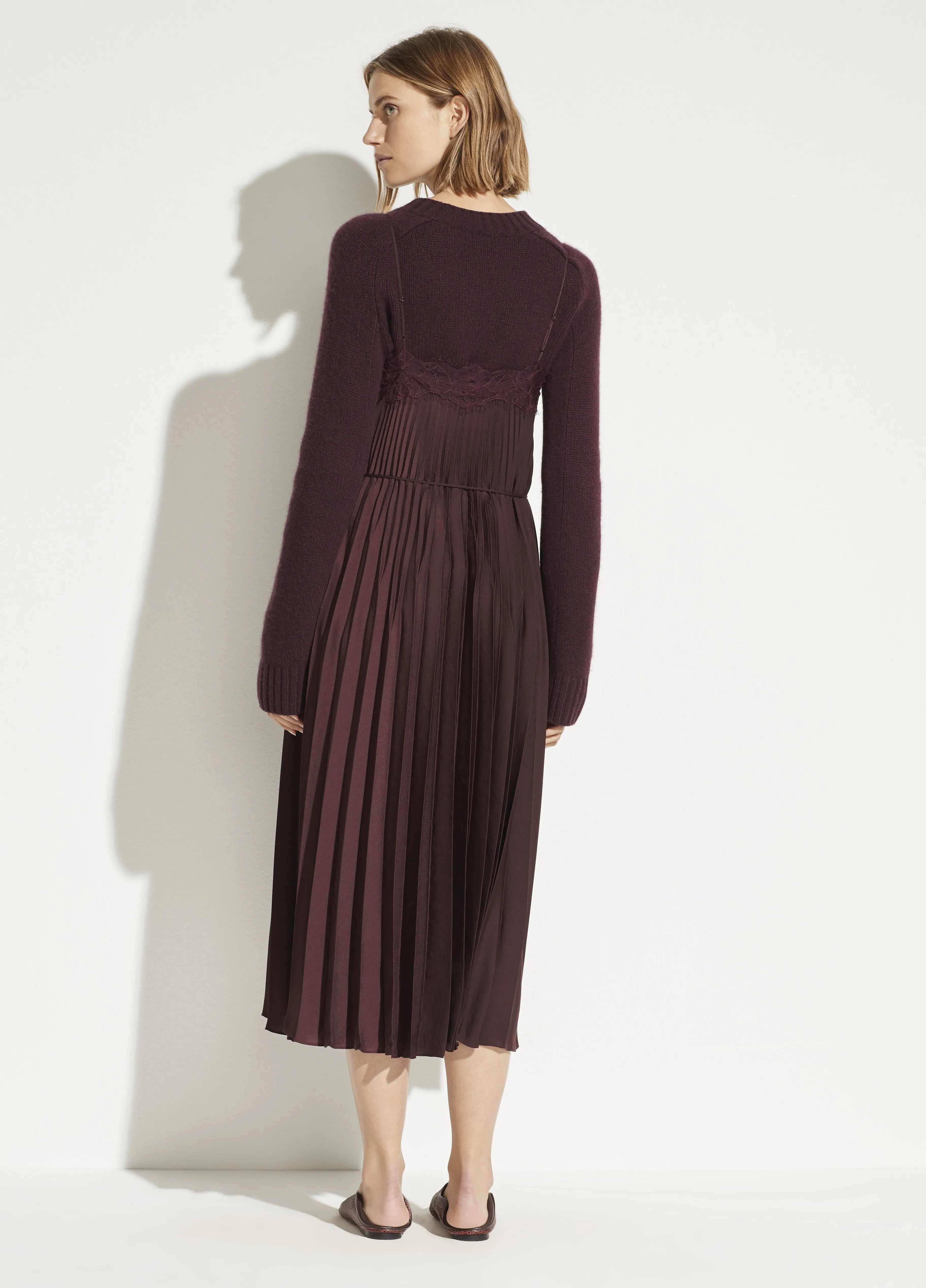 Lace Trim Pleated Dress in Dahlia Wine