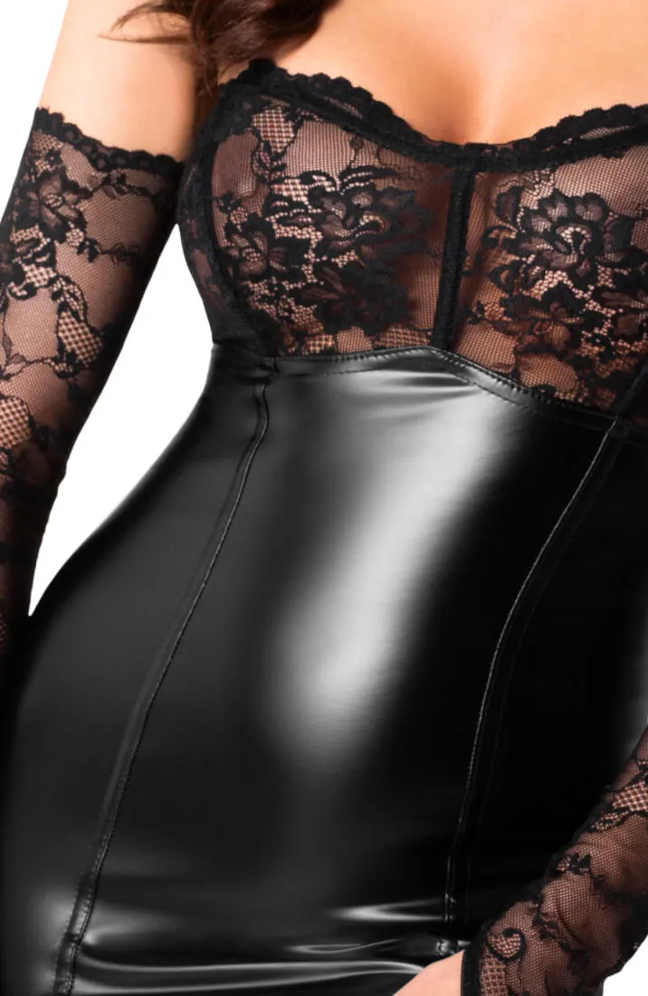 Lace X wet look mini dress & gloves - Intimate Chaos