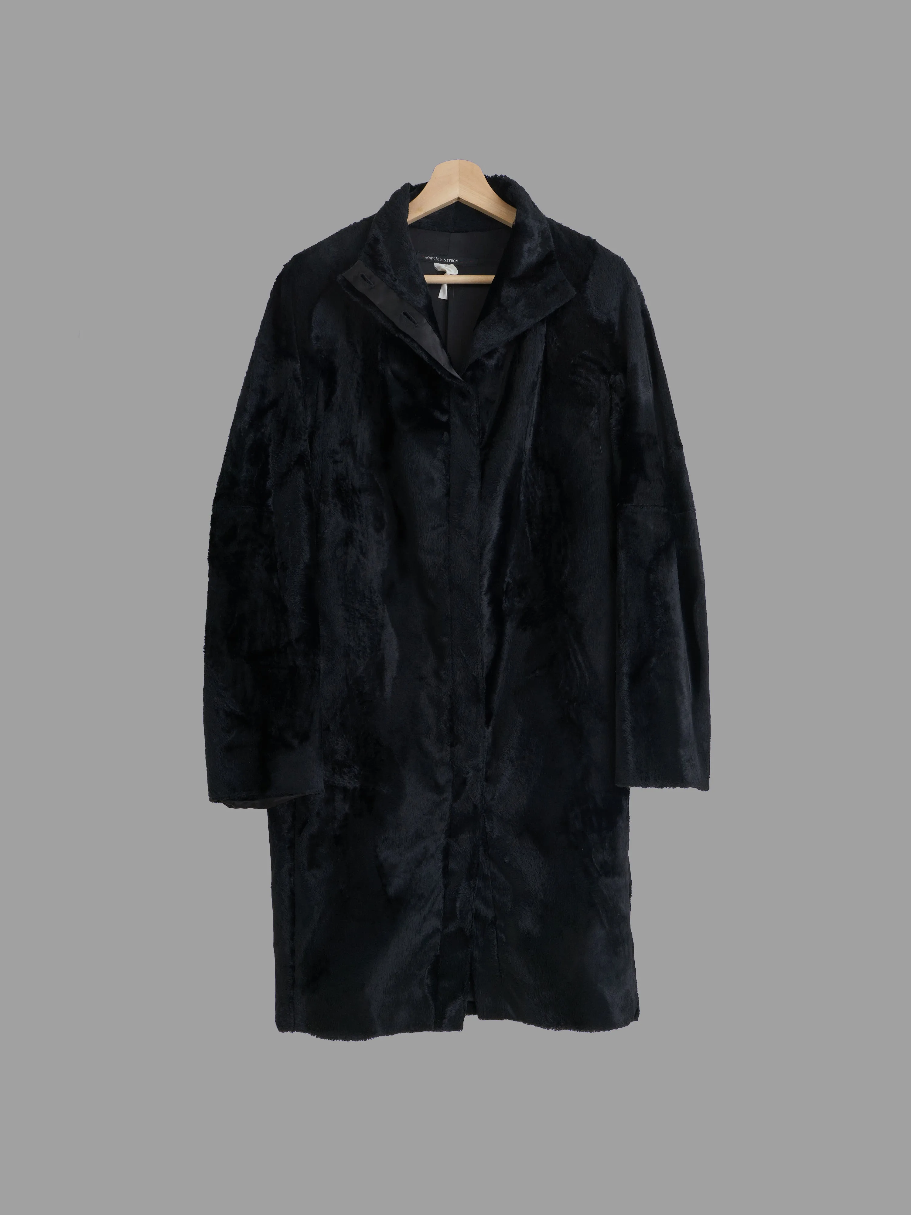 Martine Sitbon 1990s black faux fur high neck stand collar coat - womens 38