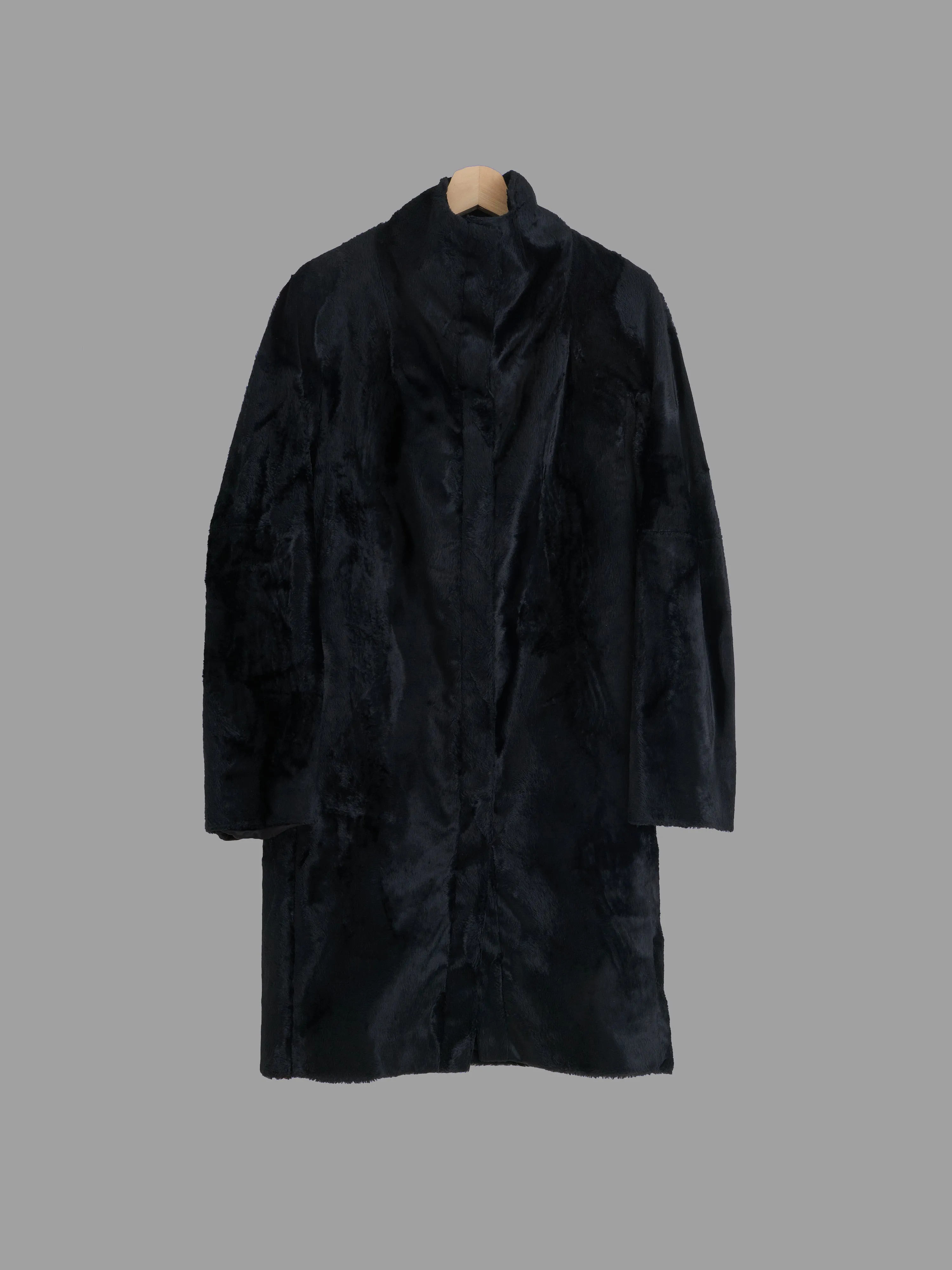 Martine Sitbon 1990s black faux fur high neck stand collar coat - womens 38