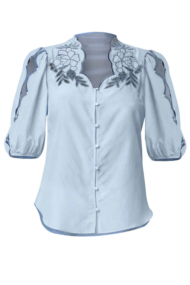 Martinique Embroidered Top in Sky
