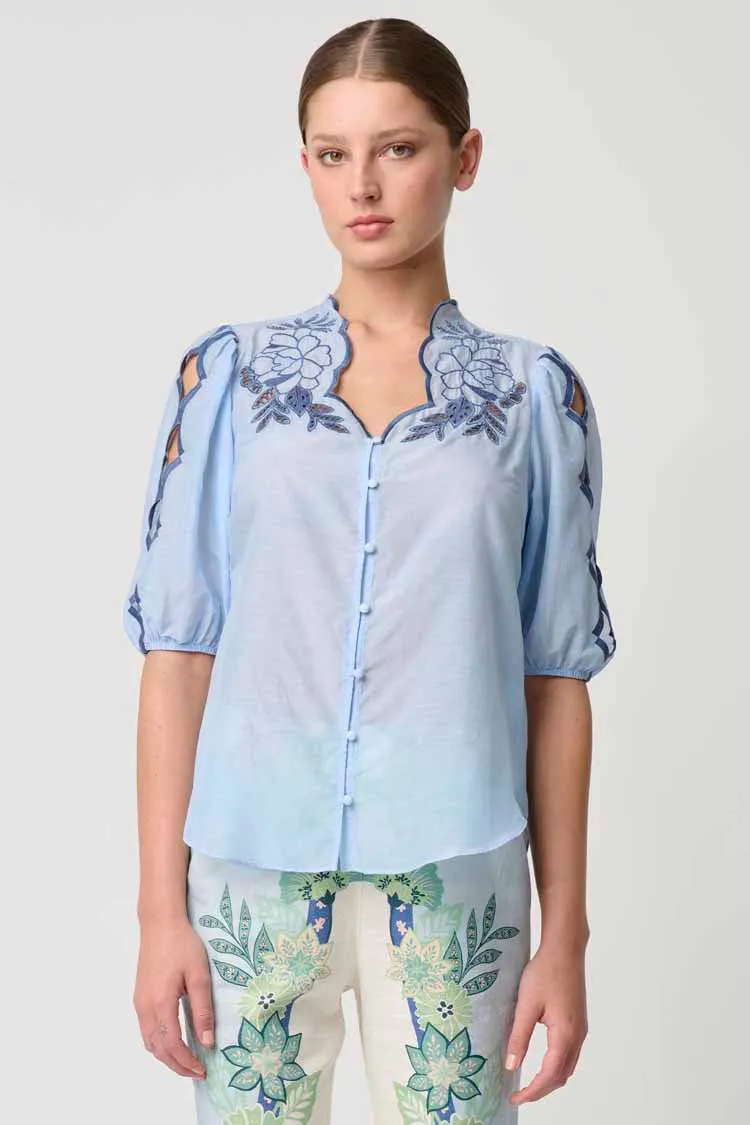 Martinique Embroidered Top in Sky