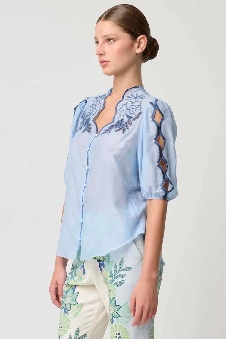 Martinique Embroidered Top in Sky