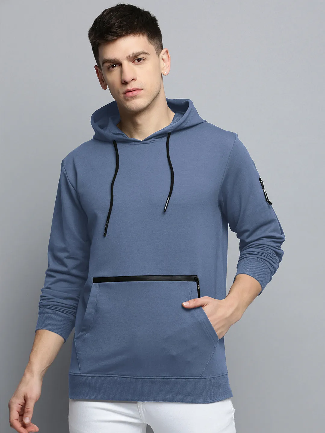 Men Blue Solid Casual Hoodie