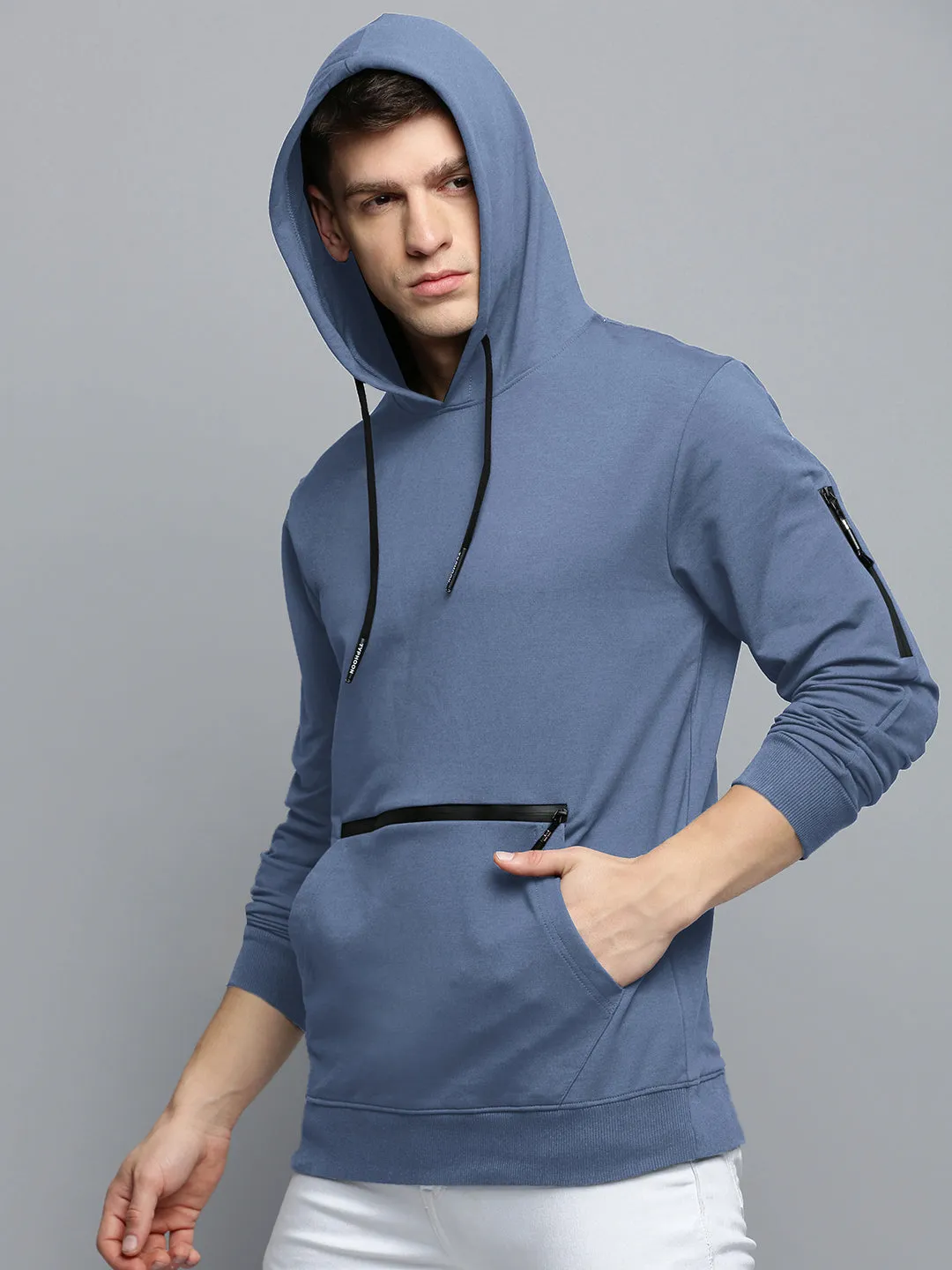 Men Blue Solid Casual Hoodie