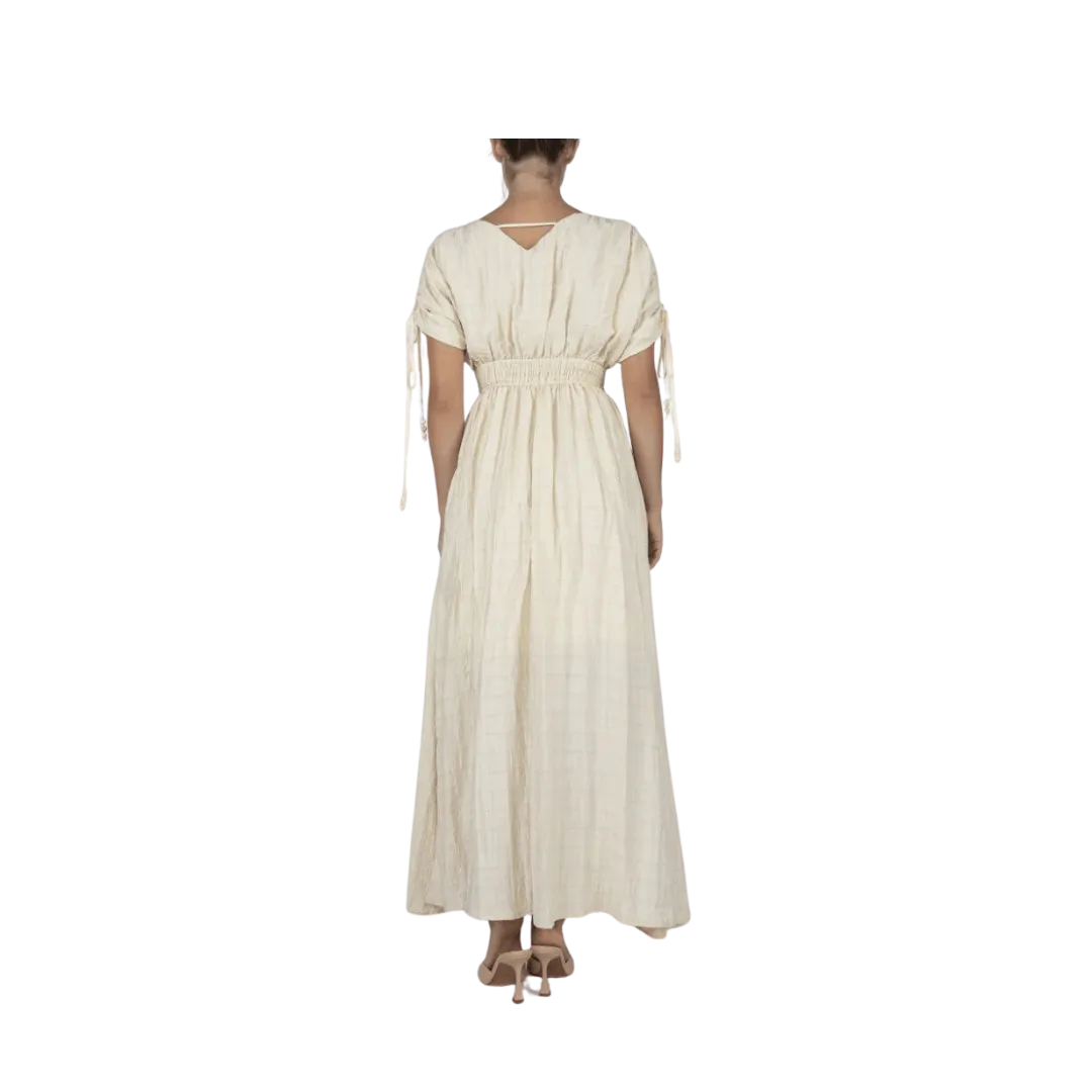 Miss Me Women's Flowy Maxi Smocked Waist Tassels Cream Dress