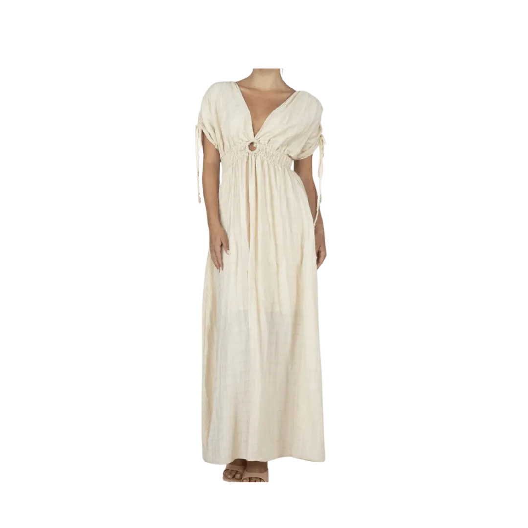 Miss Me Women's Flowy Maxi Smocked Waist Tassels Cream Dress