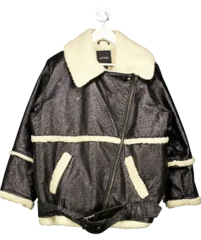 Monki Black Oversized Faux Leather / Shearling Aviator Jacket UK S