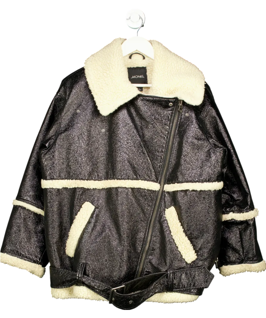 Monki Black Oversized Faux Leather / Shearling Aviator Jacket UK S