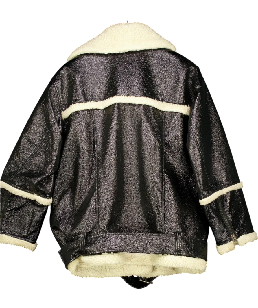 Monki Black Oversized Faux Leather / Shearling Aviator Jacket UK S