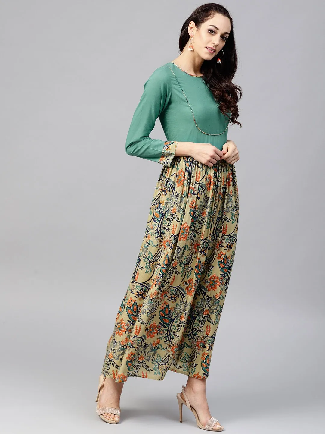 Multi Printed Maxi Dress With Round Neck And Full Sleeves