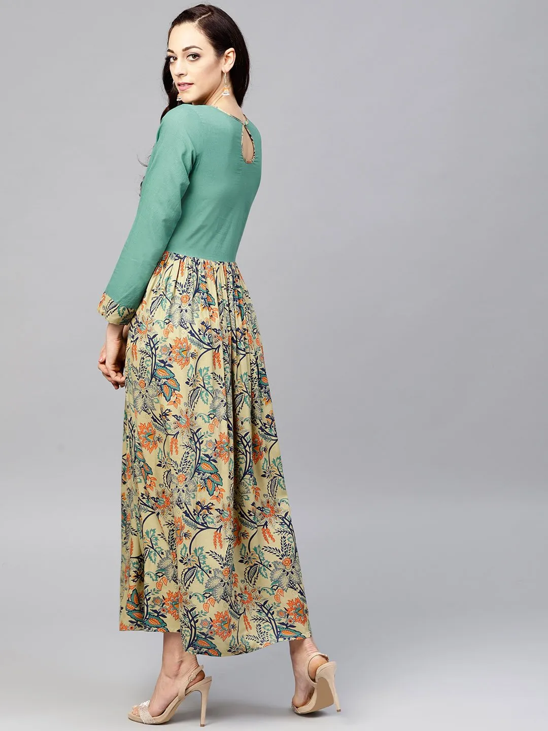 Multi Printed Maxi Dress With Round Neck And Full Sleeves