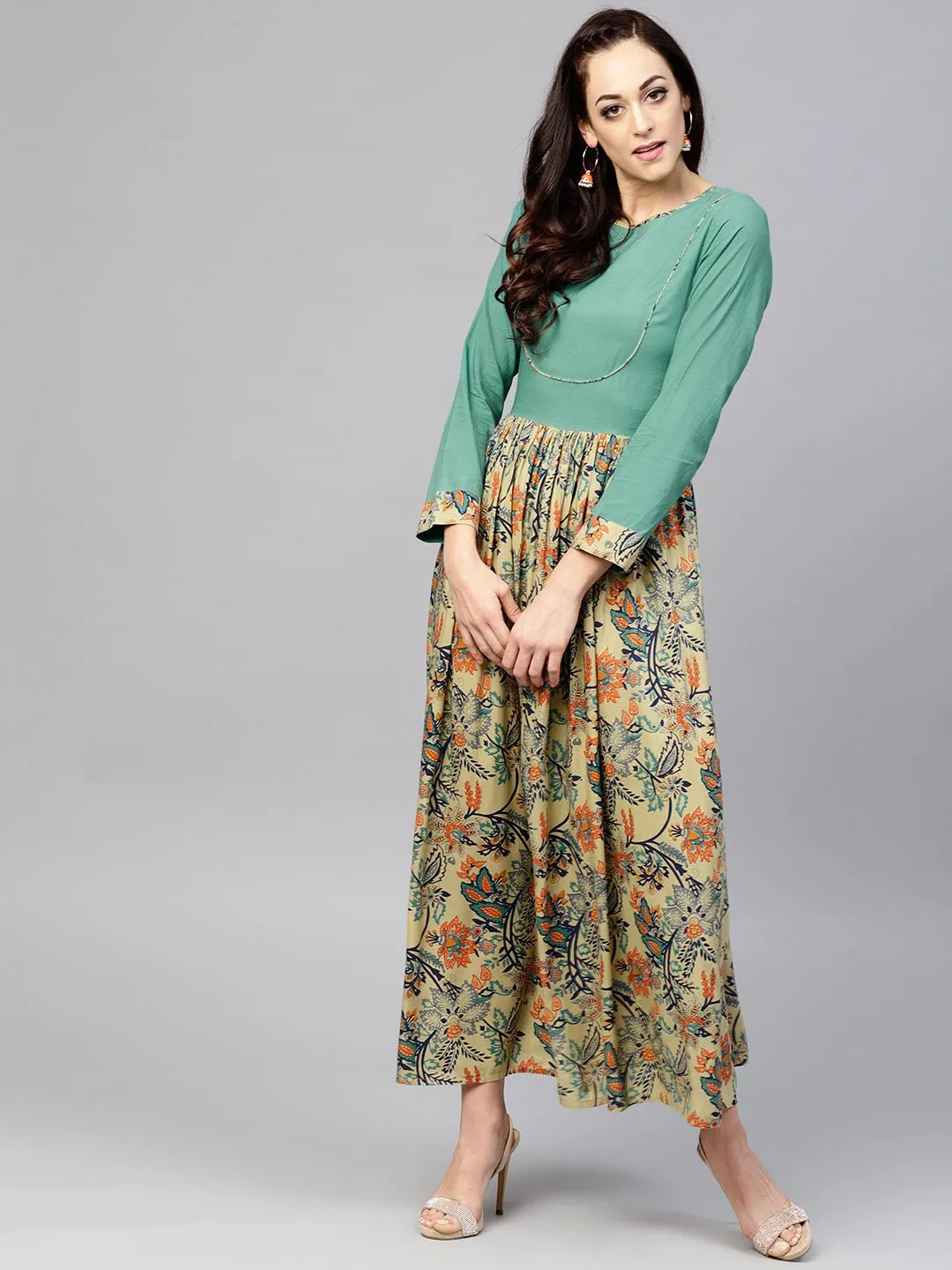 Multi Printed Maxi Dress With Round Neck And Full Sleeves