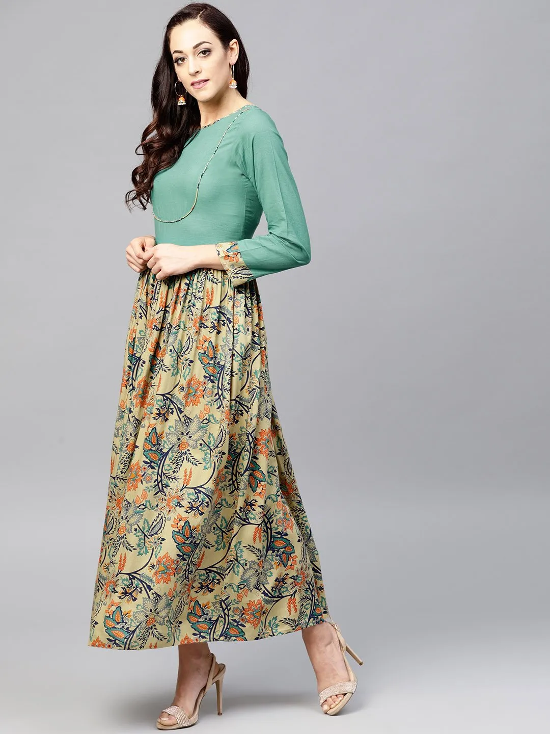 Multi Printed Maxi Dress With Round Neck And Full Sleeves