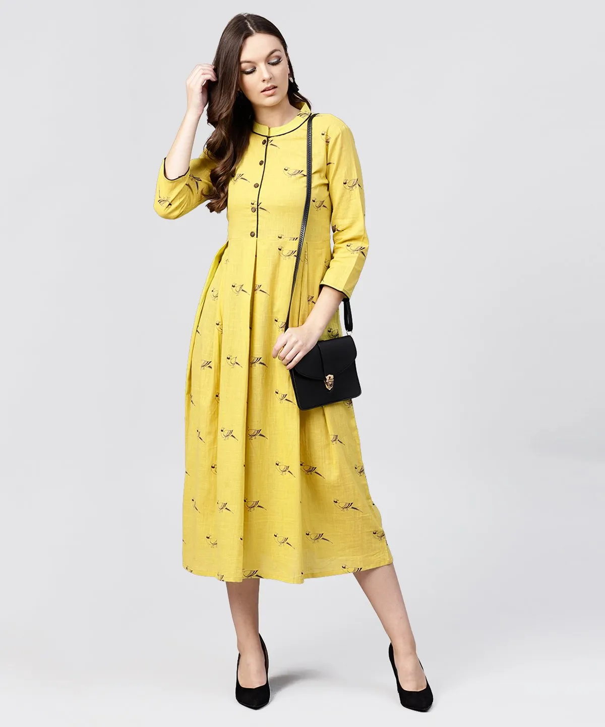 Mustard Full Sleeves Cotton Maxi Dress With Madarin Collar And Front Placket