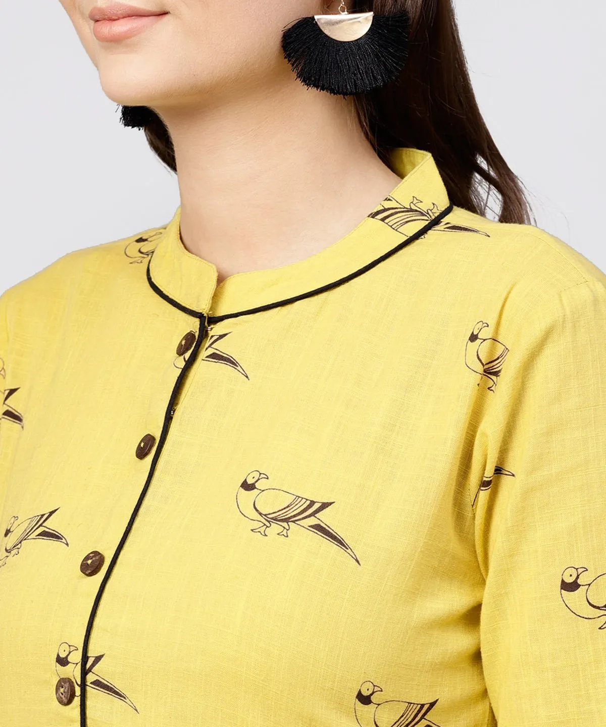 Mustard Full Sleeves Cotton Maxi Dress With Madarin Collar And Front Placket