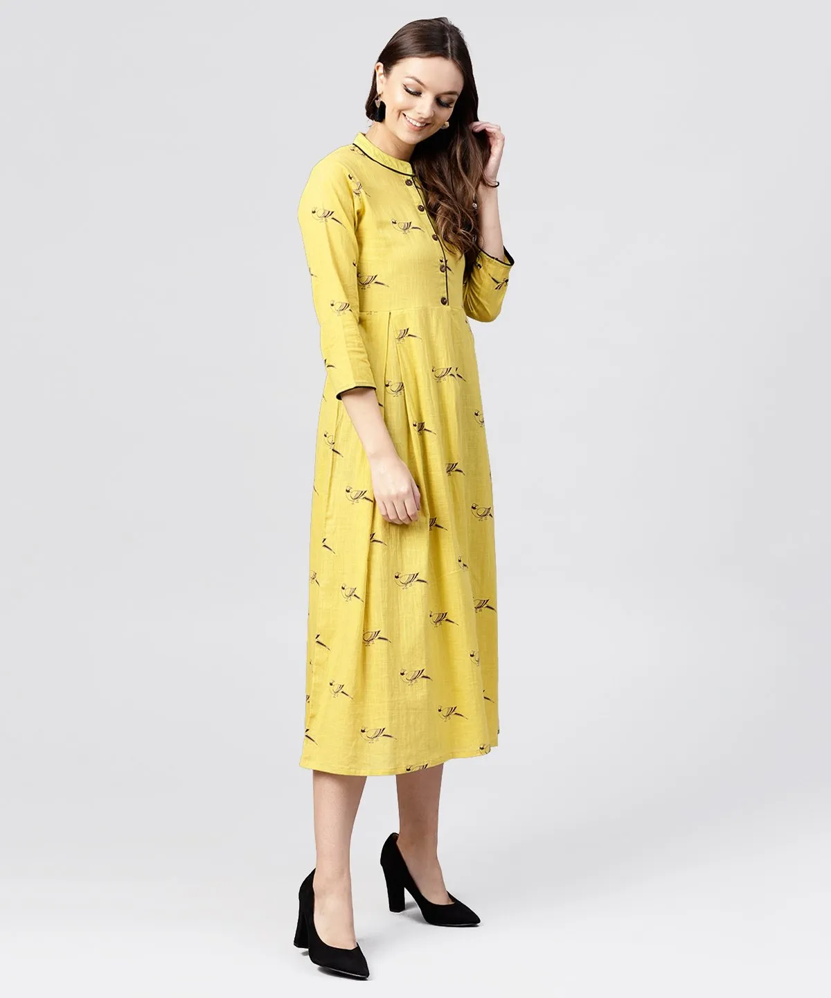 Mustard Full Sleeves Cotton Maxi Dress With Madarin Collar And Front Placket