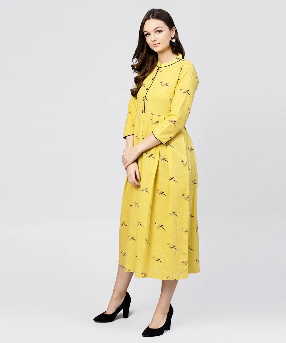 Mustard Full Sleeves Cotton Maxi Dress With Madarin Collar And Front Placket